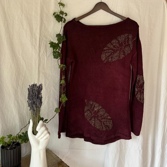 ✨RARE✨ 100% Wool Vintage Balloon Sleeve Tunic Wine Sweater with Gold Leaves - Picture 5 of 9